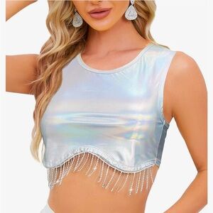 Sparkly Rhinestone Fringe Crop Tank Top Nashville Glitter size XL